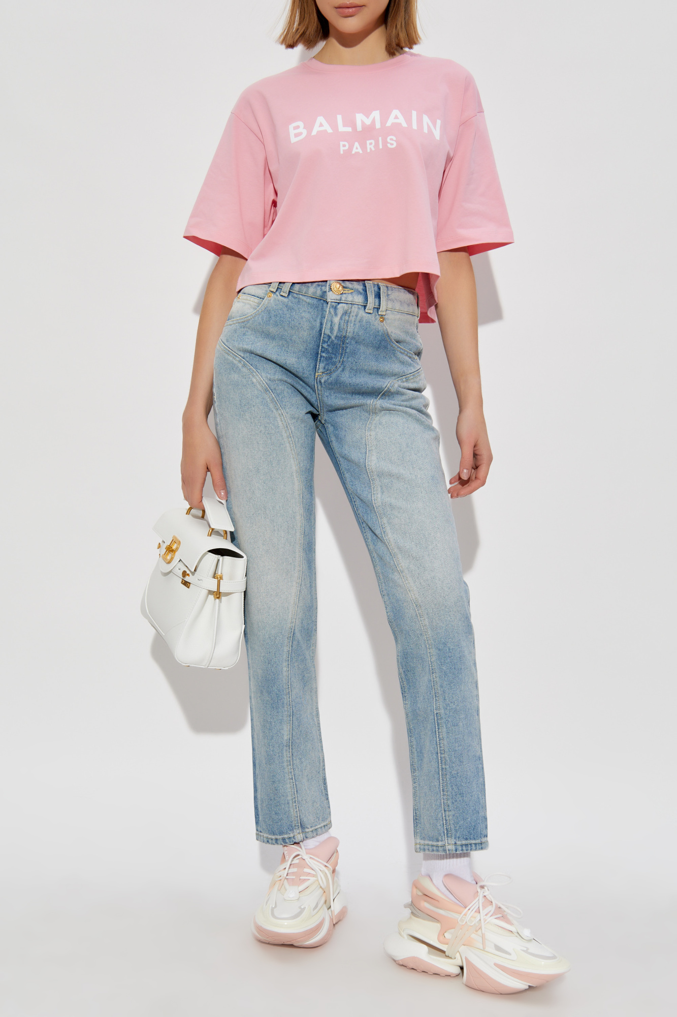 Pink Short T-shirt with printed logo Balmain - Vitkac France
